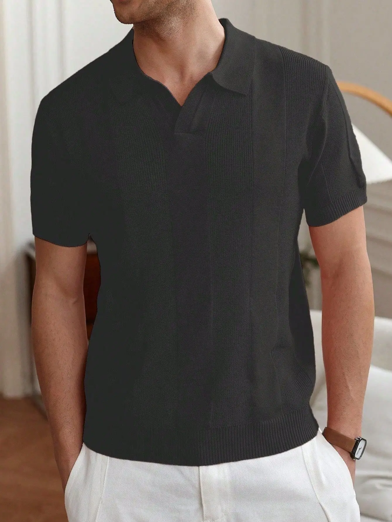 Men White Striped Jacquard Polo Shirt Cut Out - Image 7
