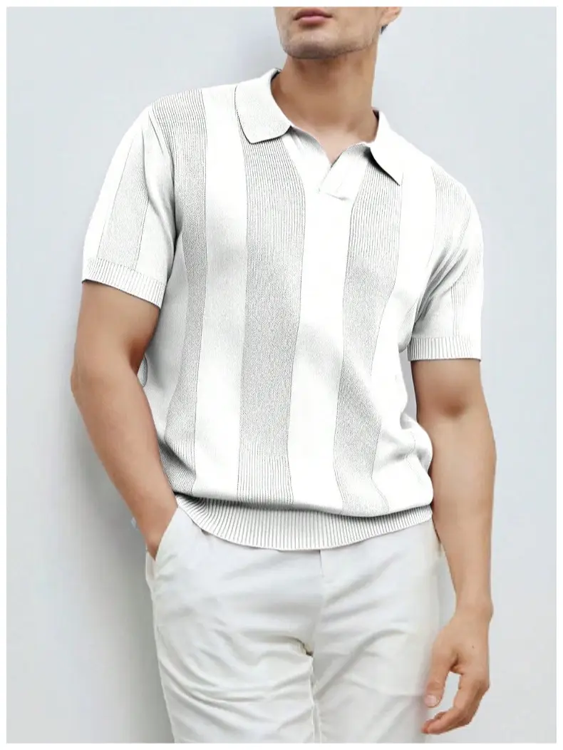 Men White Striped Jacquard Polo Shirt Cut Out — feature 5