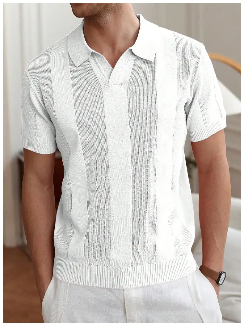Men White Striped Jacquard Polo Shirt Cut Out — feature 7
