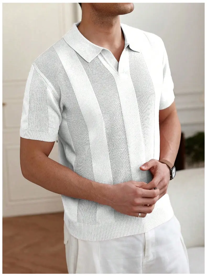 Men White Striped Jacquard Polo Shirt Cut Out — feature 8