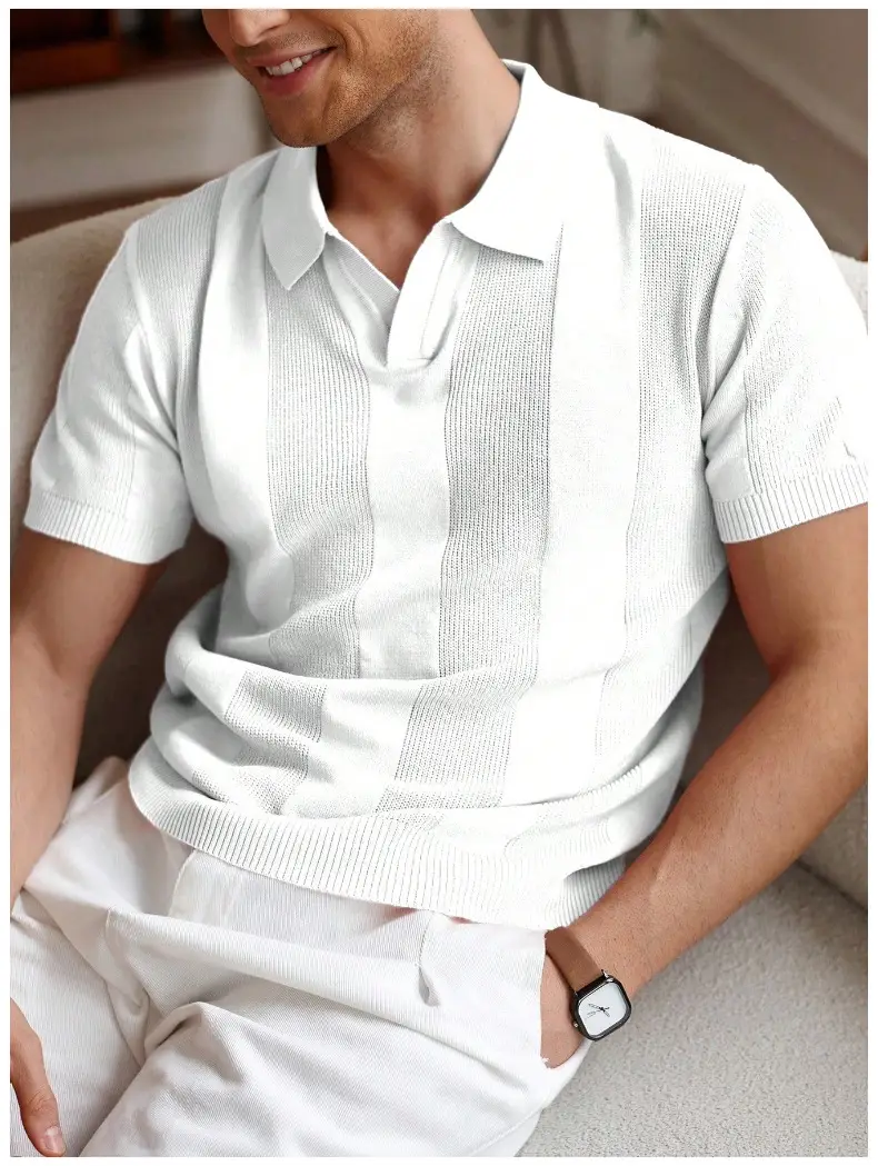 Men White Striped Jacquard Polo Shirt Cut Out — feature 9