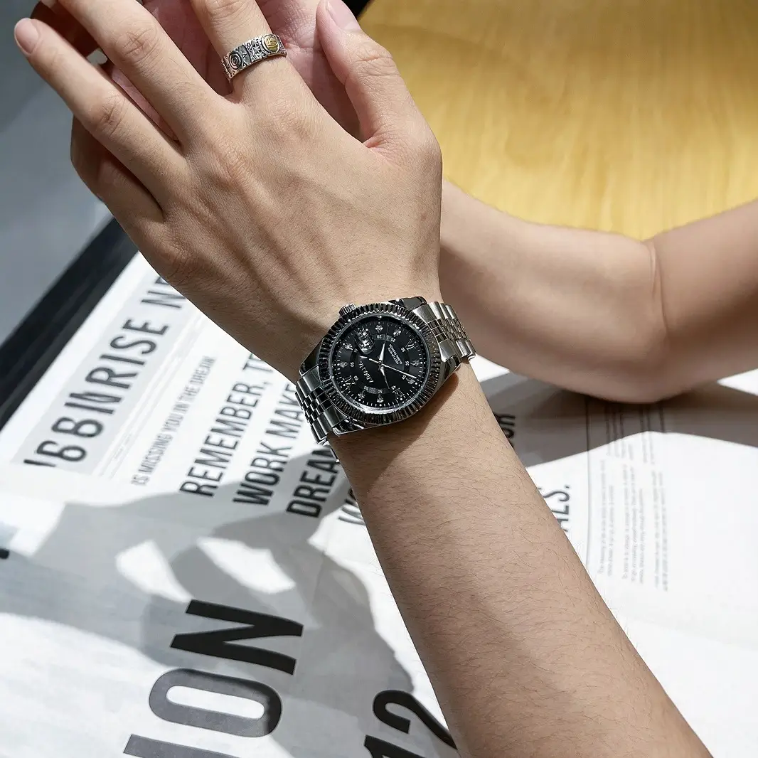 Luxury Men's Swiss Watch Stainless Steel Strap Black Dial - Image 6