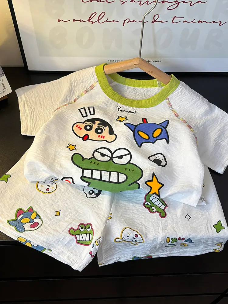 Children's Summer Home Clothes Set, Boy's Color-Blocked Cloud Cotton Pajamas, Baby Girl's Short-Sleeved Shorts, Thin Air-Conditioned Clothes