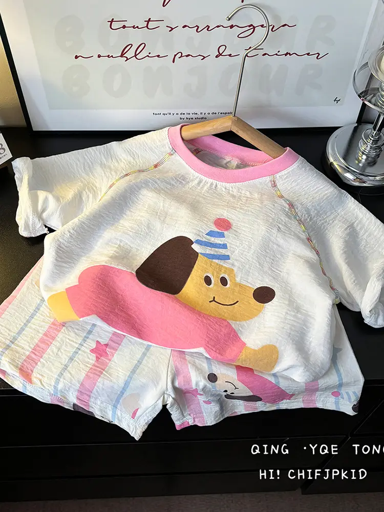 Children's Summer Home Clothes Set, Boy's Color-Blocked Cloud Cotton Pajamas, Baby Girl's Short-Sleeved Shorts, Thin Air-Conditioned Clothes