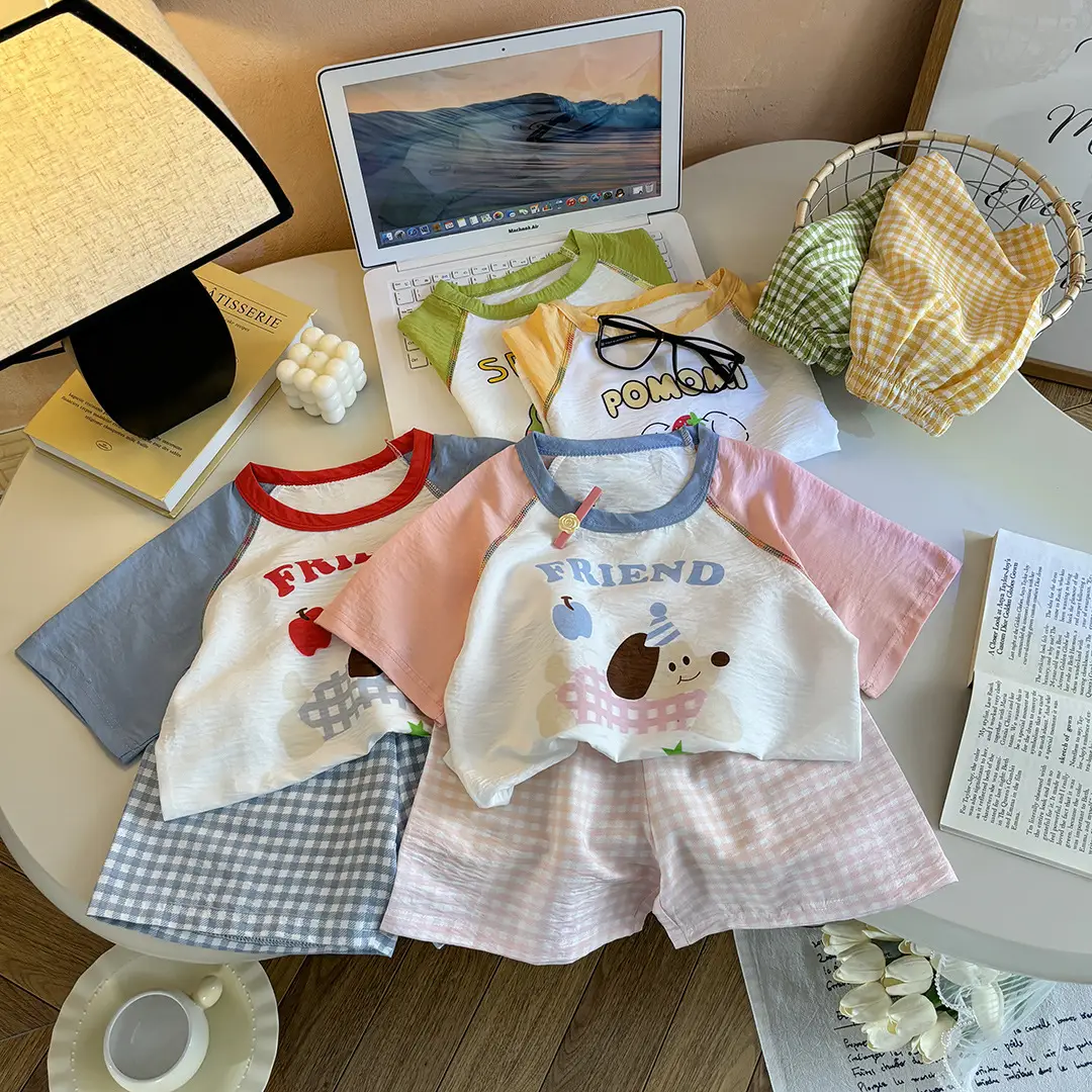 Children's Summer Home Clothes Set, Boy's Color-Blocked Cloud Cotton Pajamas, Baby Girl's Short-Sleeved Shorts, Thin Air-Conditioned Clothes — feature 2