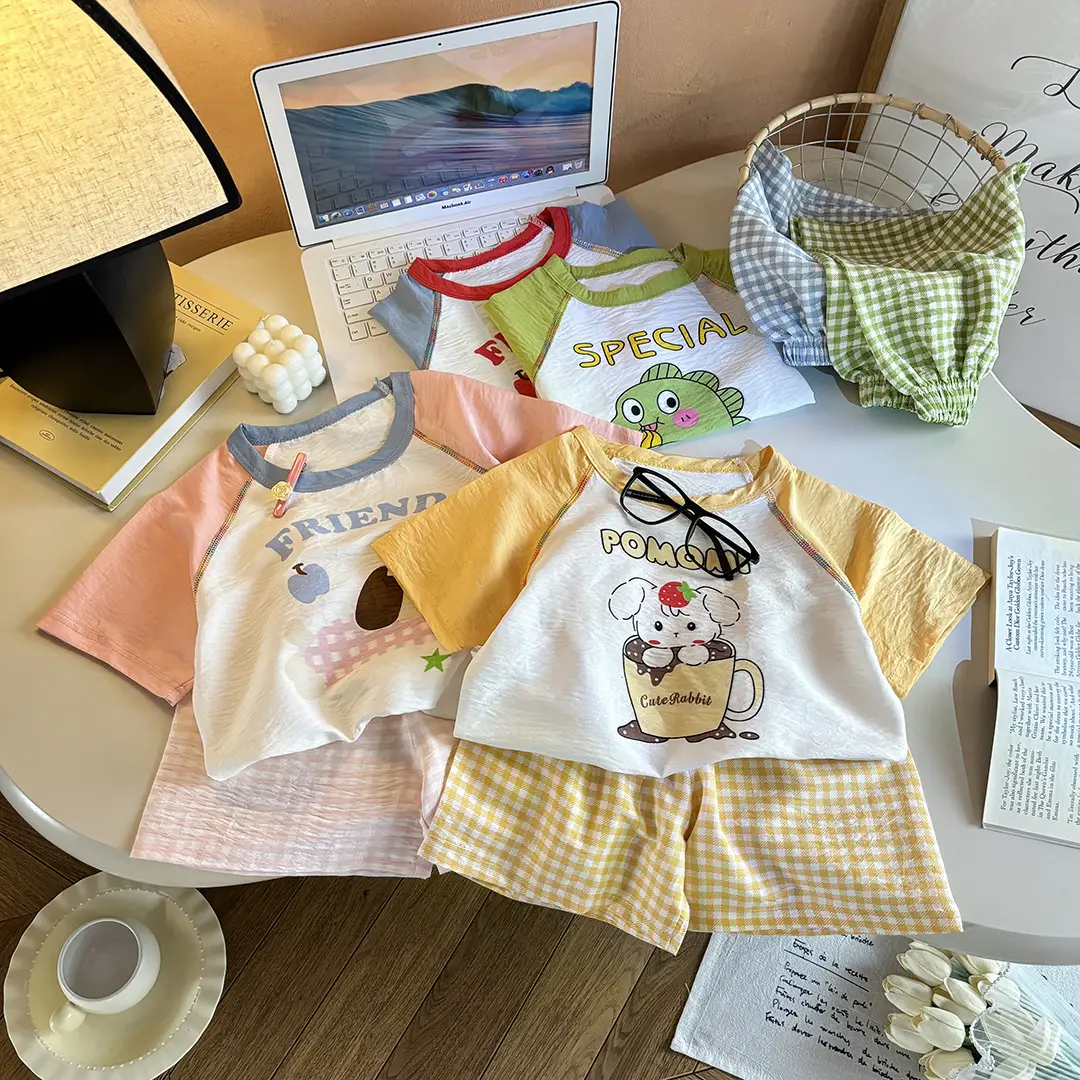 Children's Summer Home Clothes Set, Boy's Color-Blocked Cloud Cotton Pajamas, Baby Girl's Short-Sleeved Shorts, Thin Air-Conditioned Clothes — feature 3