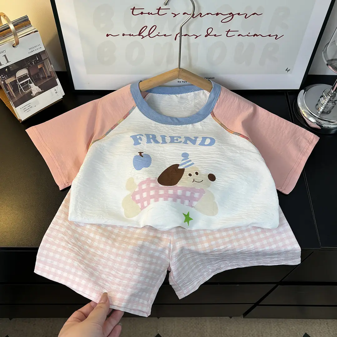 Children's Summer Home Clothes Set, Boy's Color-Blocked Cloud Cotton Pajamas, Baby Girl's Short-Sleeved Shorts, Thin Air-Conditioned Clothes