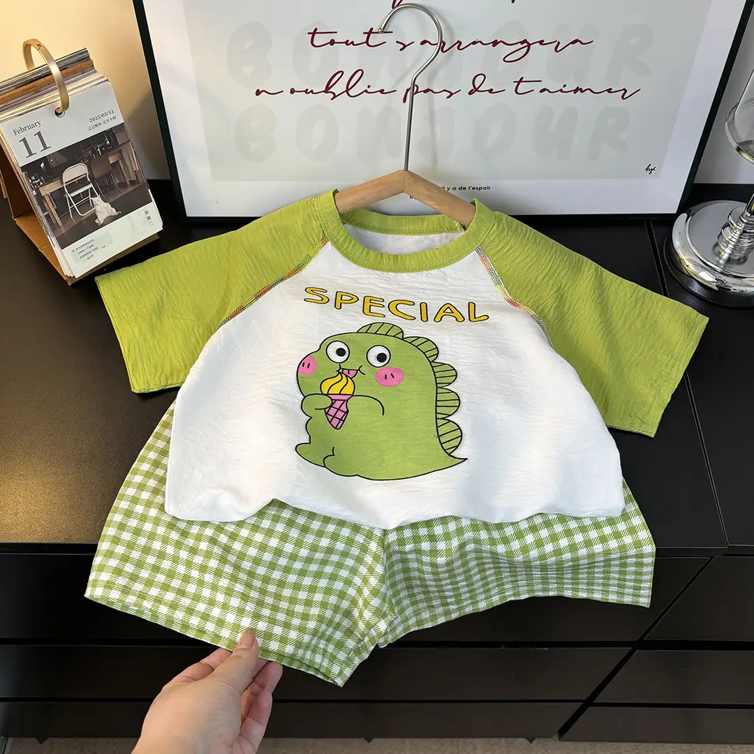 Children's Summer Home Clothes Set, Boy's Color-Blocked Cloud Cotton Pajamas, Baby Girl's Short-Sleeved Shorts, Thin Air-Conditioned Clothes