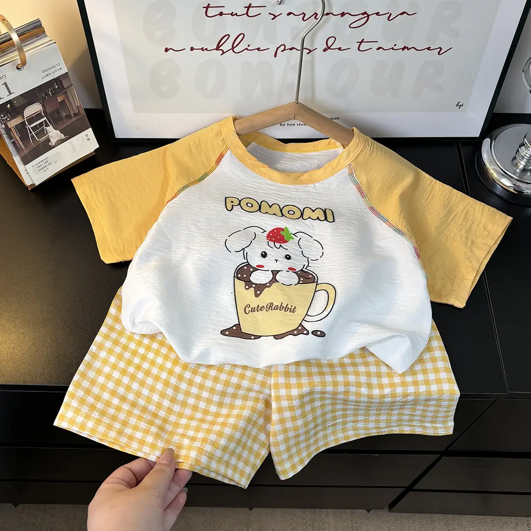 Children's Summer Home Clothes Set, Boy's Color-Blocked Cloud Cotton Pajamas, Baby Girl's Short-Sleeved Shorts, Thin Air-Conditioned Clothes