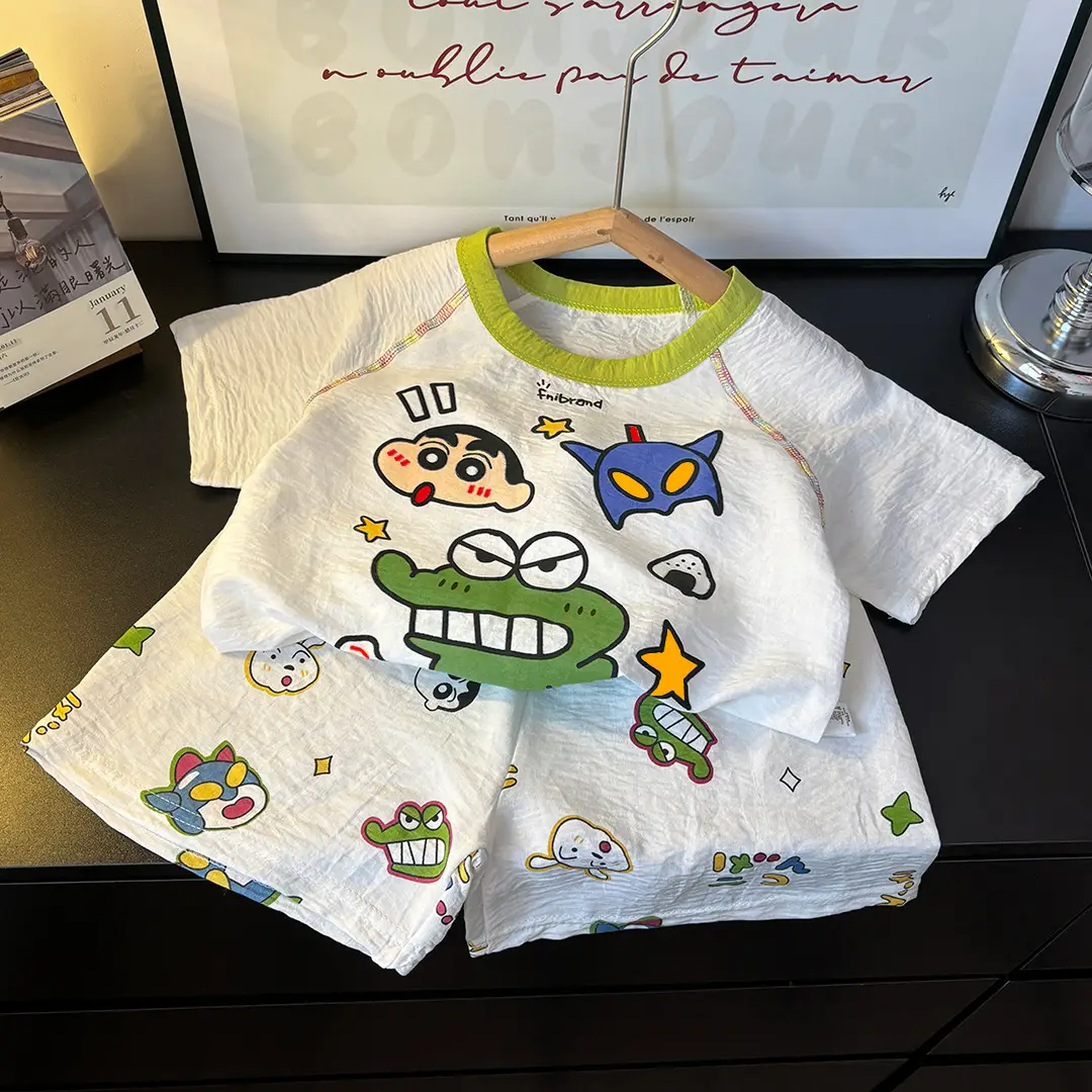 Children's Summer Home Clothes Set, Boy's Color-Blocked Cloud Cotton Pajamas, Baby Girl's Short-Sleeved Shorts, Thin Air-Conditioned Clothes