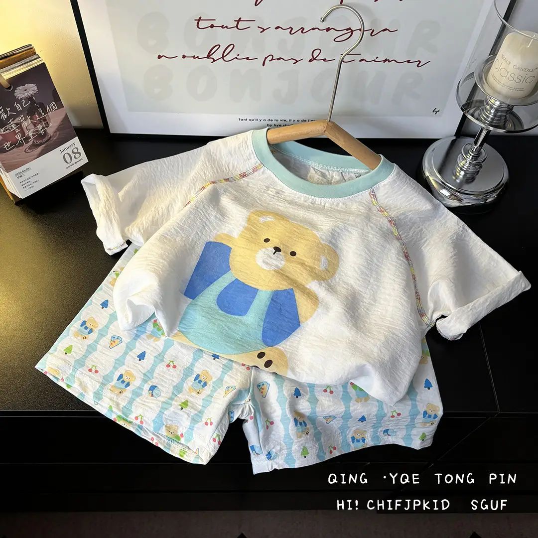 Children's Summer Home Clothes Set, Boy's Color-Blocked Cloud Cotton Pajamas, Baby Girl's Short-Sleeved Shorts, Thin Air-Conditioned Clothes