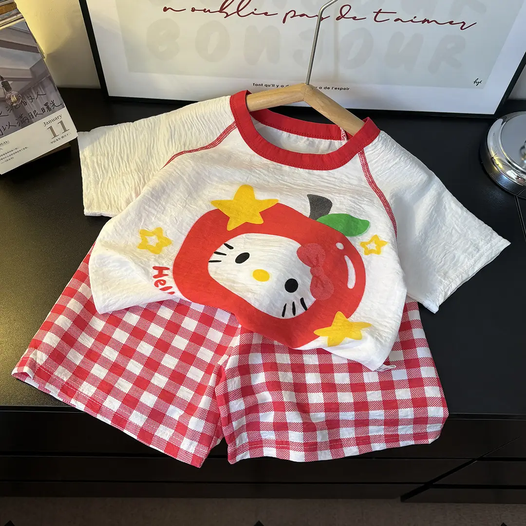 Children's Summer Home Clothes Set, Boy's Color-Blocked Cloud Cotton Pajamas, Baby Girl's Short-Sleeved Shorts, Thin Air-Conditioned Clothes