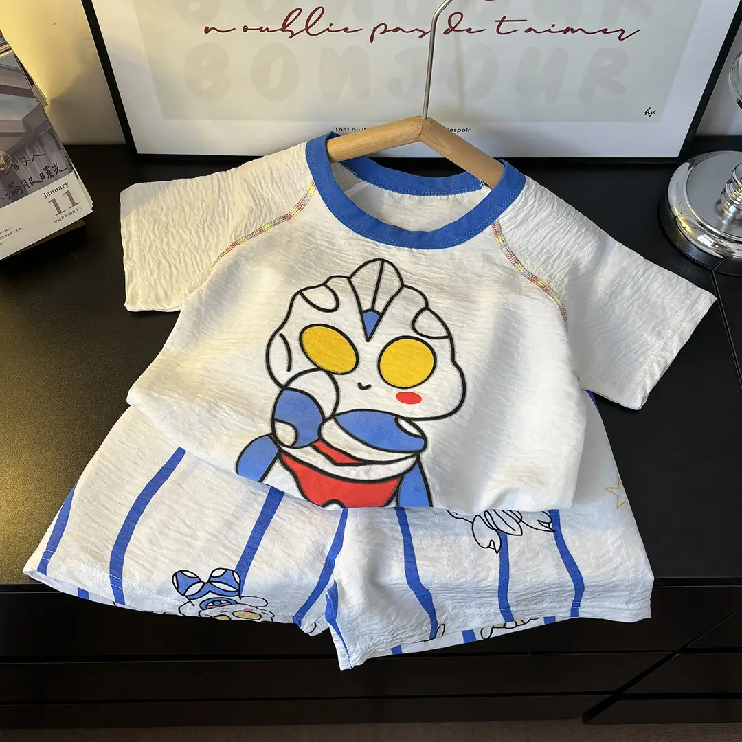 Children's Summer Home Clothes Set, Boy's Color-Blocked Cloud Cotton Pajamas, Baby Girl's Short-Sleeved Shorts, Thin Air-Conditioned Clothes