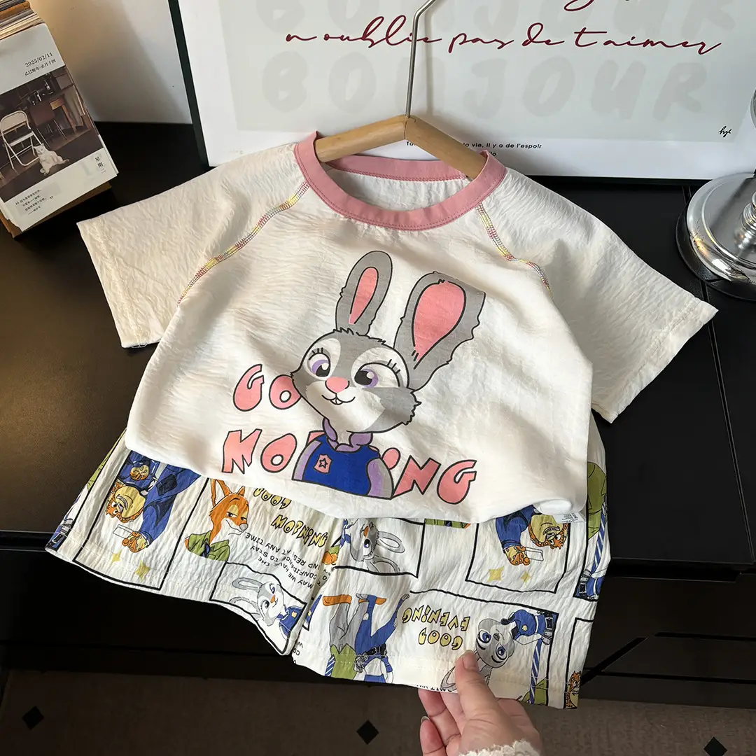 Children's Summer Home Clothes Set, Boy's Color-Blocked Cloud Cotton Pajamas, Baby Girl's Short-Sleeved Shorts, Thin Air-Conditioned Clothes