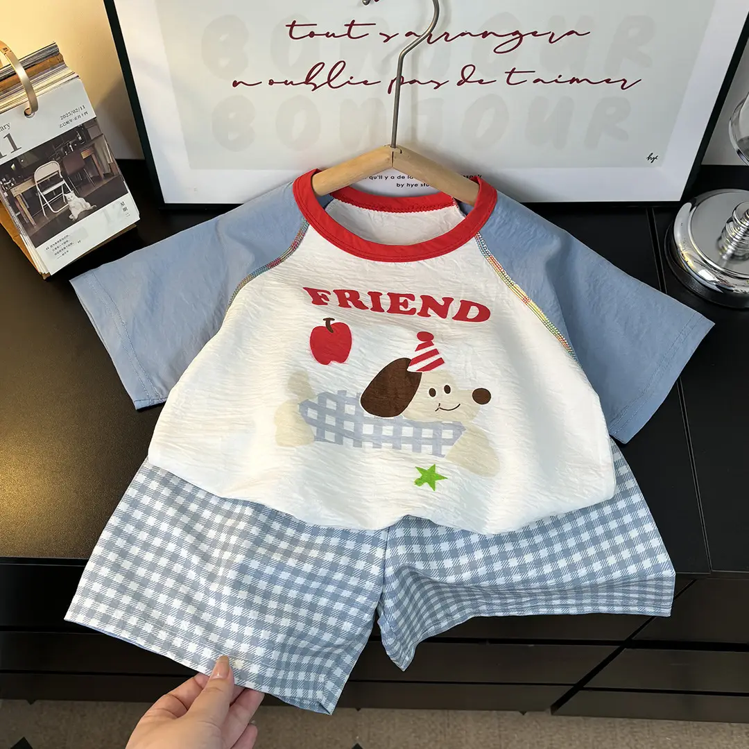 Children's Summer Home Clothes Set, Boy's Color-Blocked Cloud Cotton Pajamas, Baby Girl's Short-Sleeved Shorts, Thin Air-Conditioned Clothes