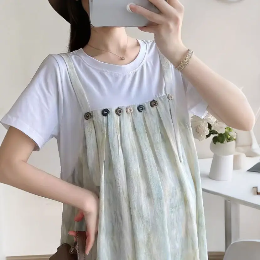 Maternity Wear 2025 New Summer Trendy Mom Pregnancy Wear Loose Fake Two-Piece Splicing Suspender Skirt Maternity Dress