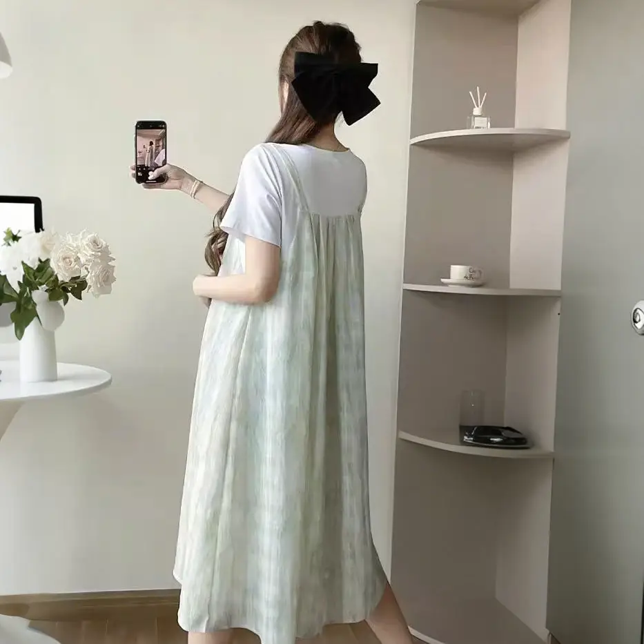 Maternity Wear 2025 New Summer Trendy Mom Pregnancy Wear Loose Fake Two-Piece Splicing Suspender Skirt Maternity Dress