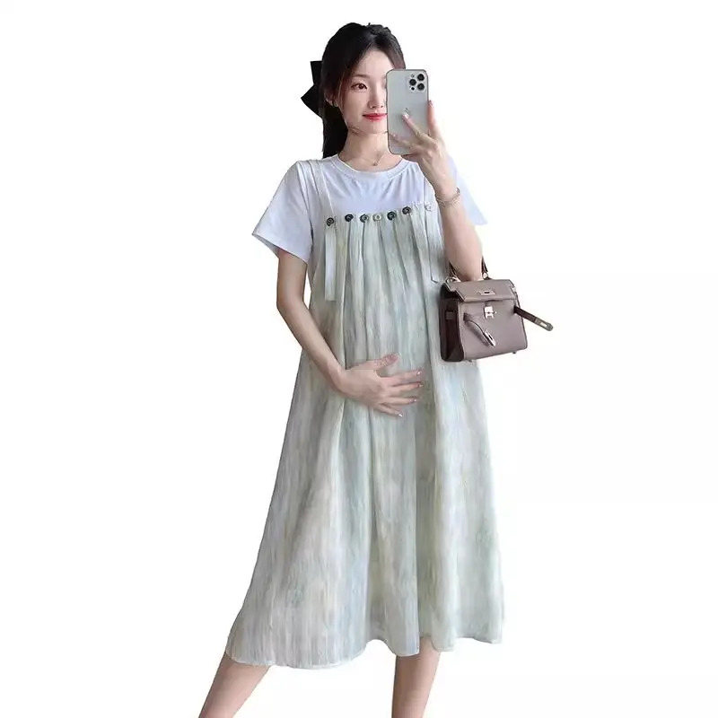Maternity Wear 2025 New Summer Trendy Mom Pregnancy Wear Loose Fake Two-Piece Splicing Suspender Skirt Maternity Dress