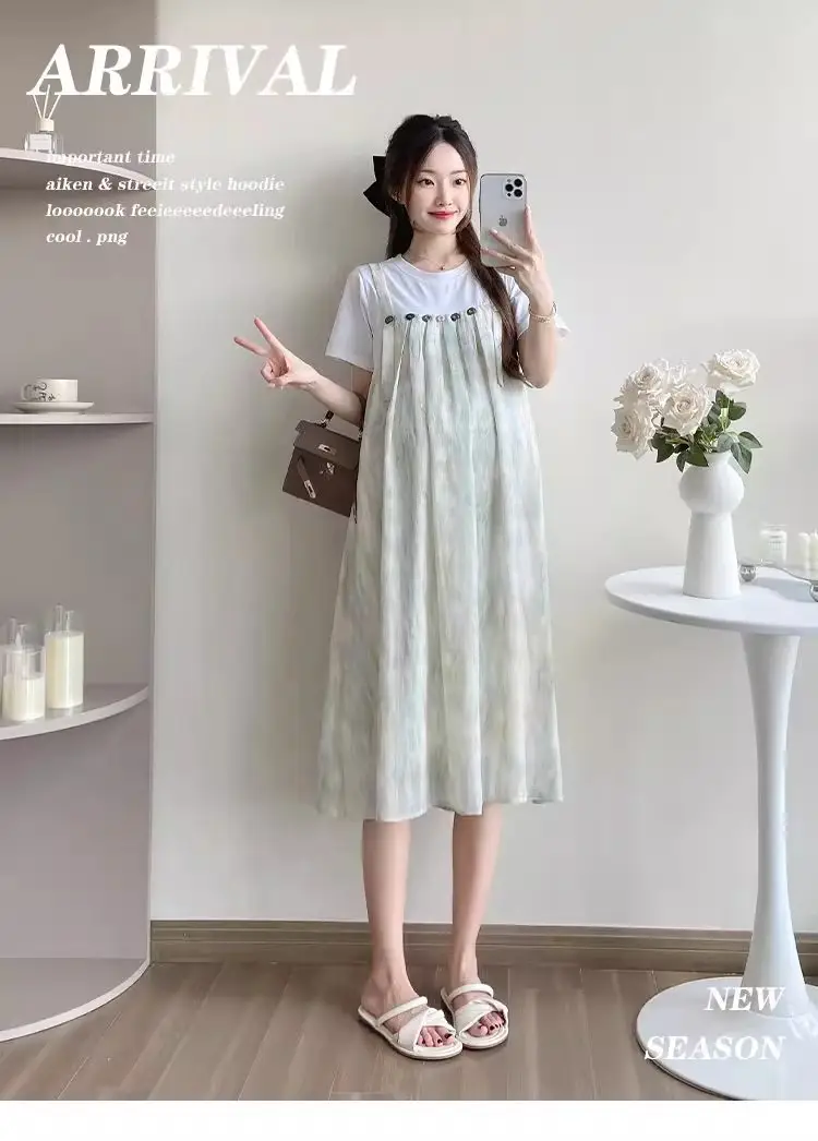 Maternity Wear 2025 New Summer Trendy Mom Pregnancy Wear Loose Fake Two-Piece Splicing Suspender Skirt Maternity Dress — feature 1