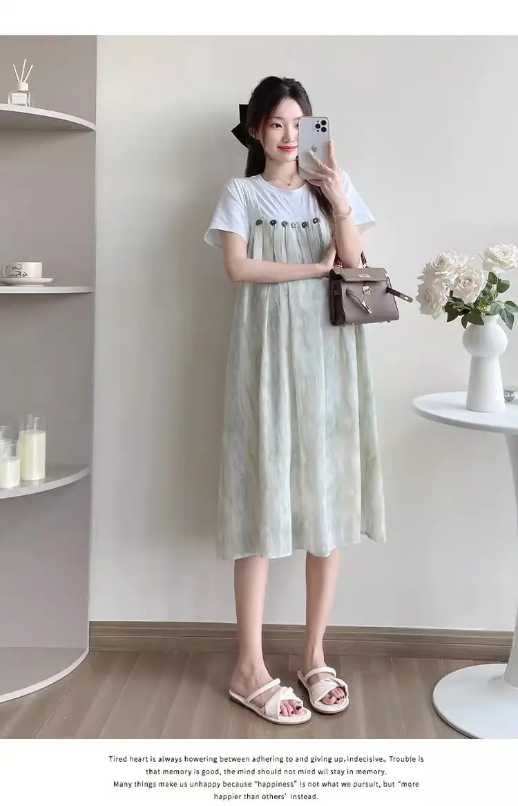 Maternity Wear 2025 New Summer Trendy Mom Pregnancy Wear Loose Fake Two-Piece Splicing Suspender Skirt Maternity Dress — feature 10