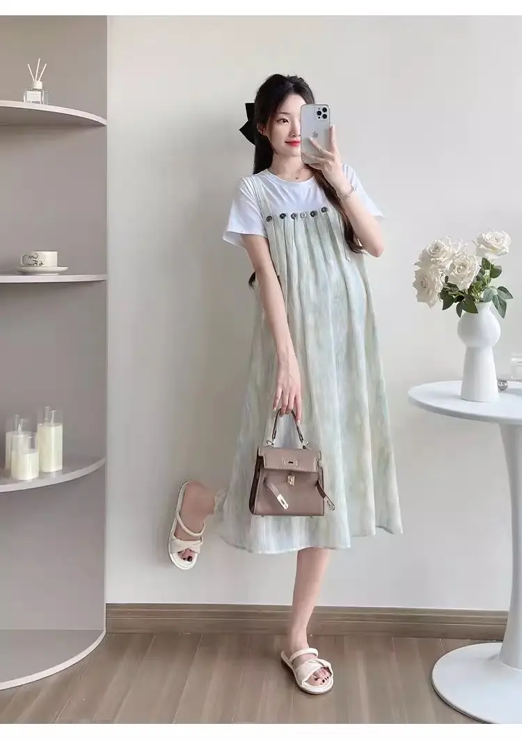 Maternity Wear 2025 New Summer Trendy Mom Pregnancy Wear Loose Fake Two-Piece Splicing Suspender Skirt Maternity Dress — feature 11