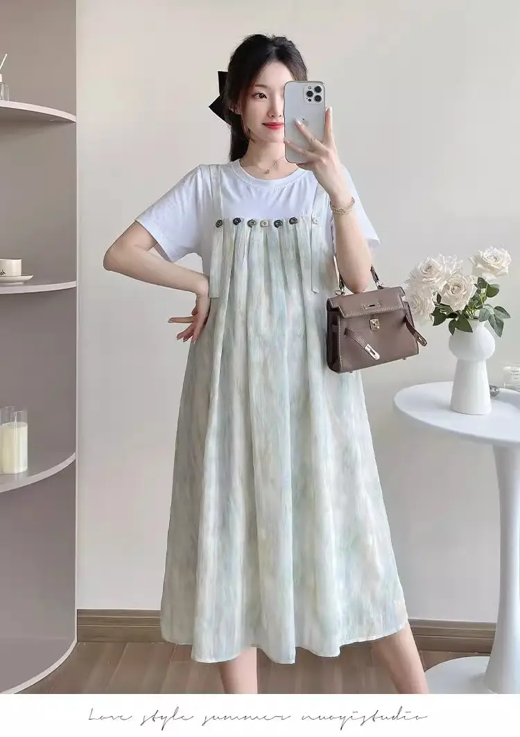 Maternity Wear 2025 New Summer Trendy Mom Pregnancy Wear Loose Fake Two-Piece Splicing Suspender Skirt Maternity Dress — feature 12