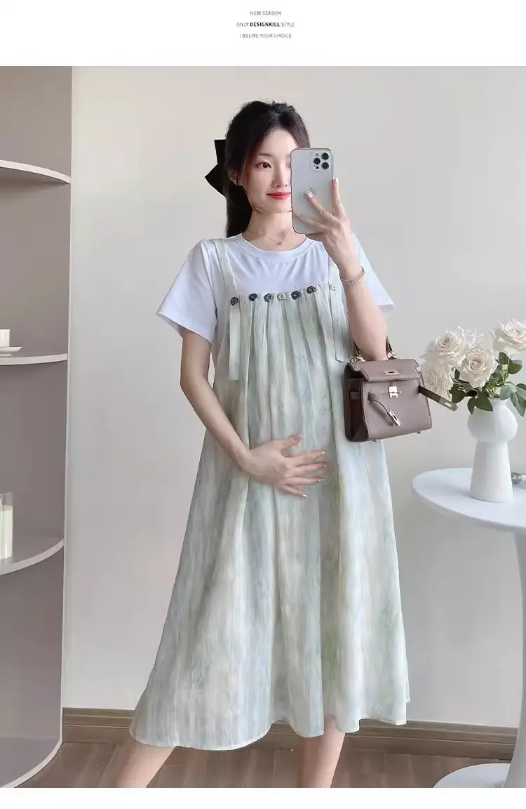 Maternity Wear 2025 New Summer Trendy Mom Pregnancy Wear Loose Fake Two-Piece Splicing Suspender Skirt Maternity Dress — feature 13