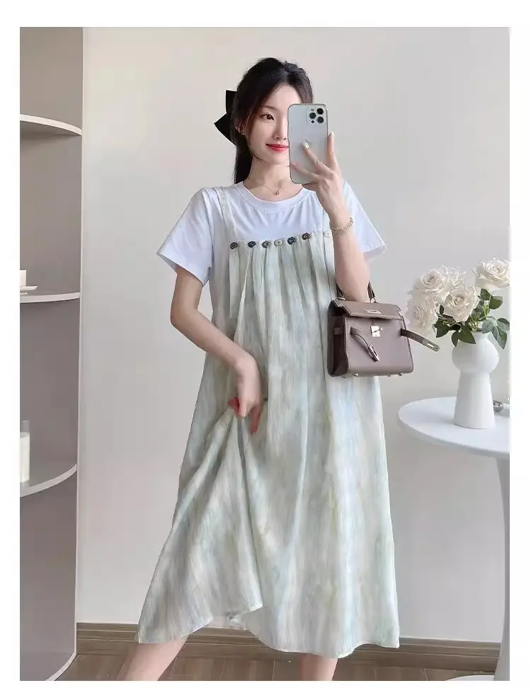 Maternity Wear 2025 New Summer Trendy Mom Pregnancy Wear Loose Fake Two-Piece Splicing Suspender Skirt Maternity Dress — feature 14