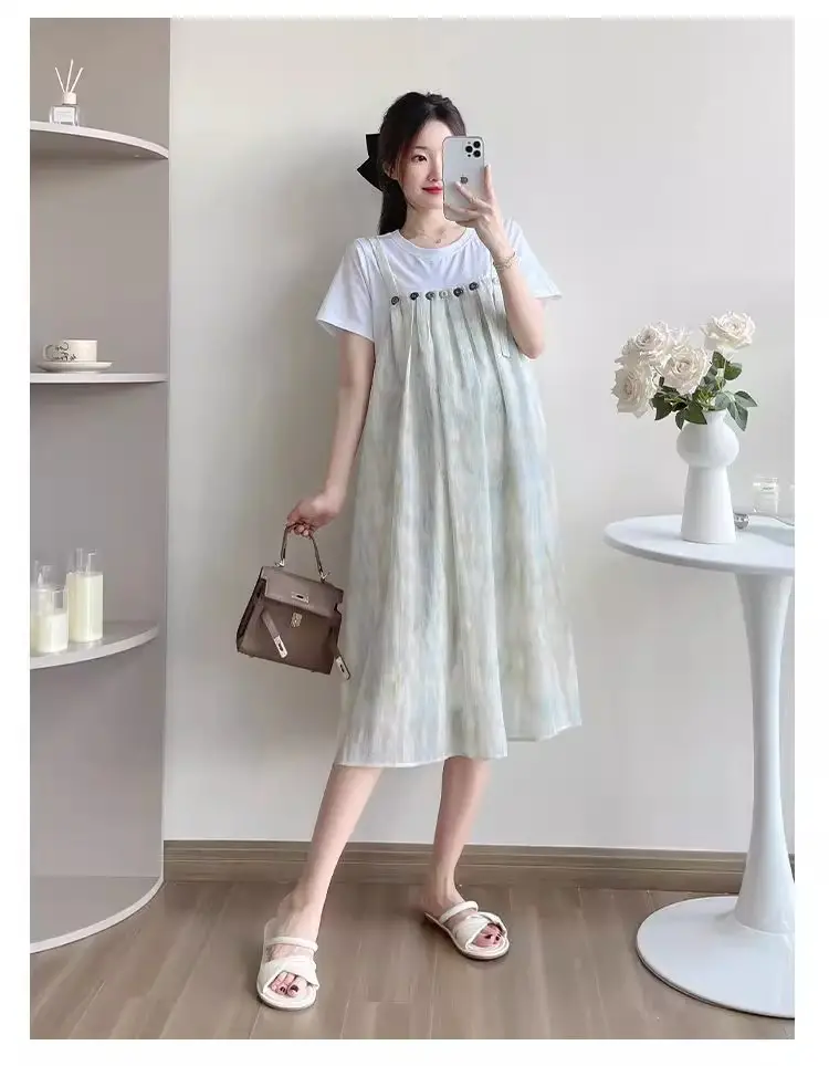 Maternity Wear 2025 New Summer Trendy Mom Pregnancy Wear Loose Fake Two-Piece Splicing Suspender Skirt Maternity Dress — feature 15
