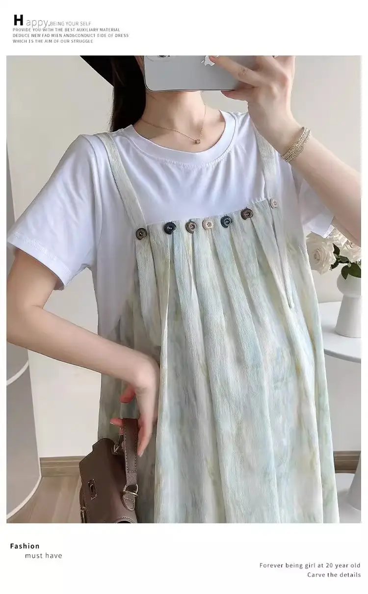 Maternity Wear 2025 New Summer Trendy Mom Pregnancy Wear Loose Fake Two-Piece Splicing Suspender Skirt Maternity Dress — feature 16