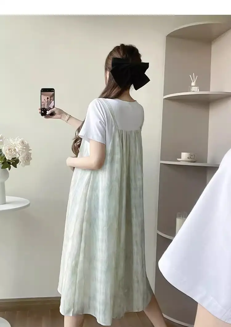 Maternity Wear 2025 New Summer Trendy Mom Pregnancy Wear Loose Fake Two-Piece Splicing Suspender Skirt Maternity Dress — feature 17