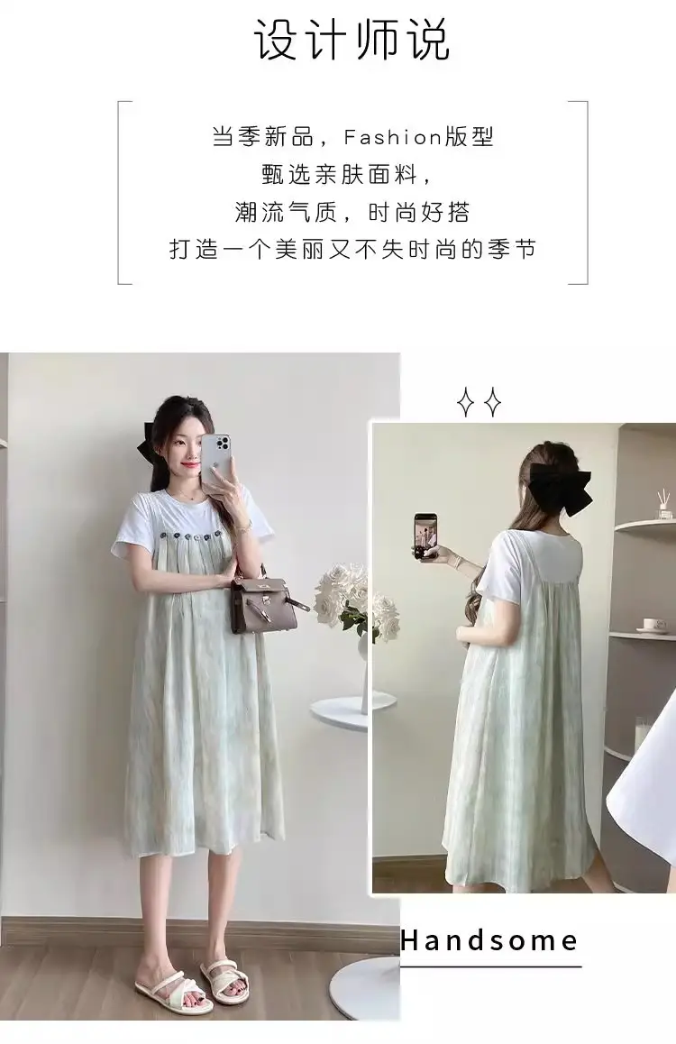 Maternity Wear 2025 New Summer Trendy Mom Pregnancy Wear Loose Fake Two-Piece Splicing Suspender Skirt Maternity Dress — feature 2