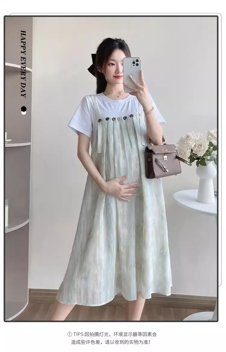 Maternity Wear 2025 New Summer Trendy Mom Pregnancy Wear Loose Fake Two-Piece Splicing Suspender Skirt Maternity Dress — feature 3