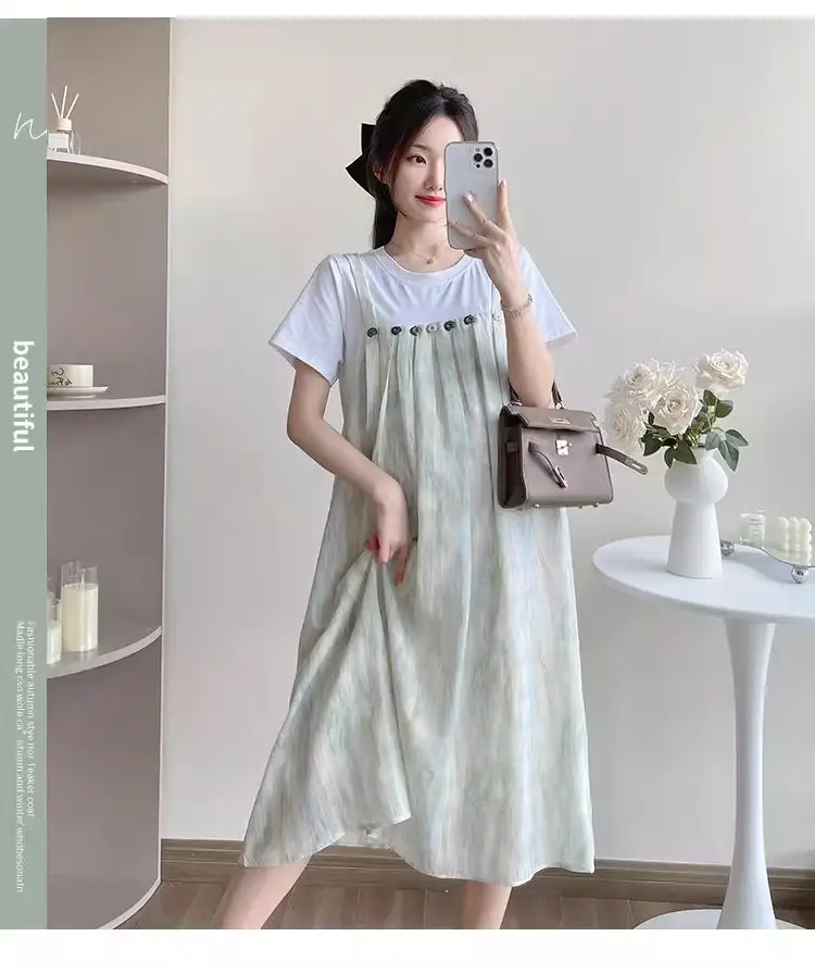 Maternity Wear 2025 New Summer Trendy Mom Pregnancy Wear Loose Fake Two-Piece Splicing Suspender Skirt Maternity Dress — feature 5