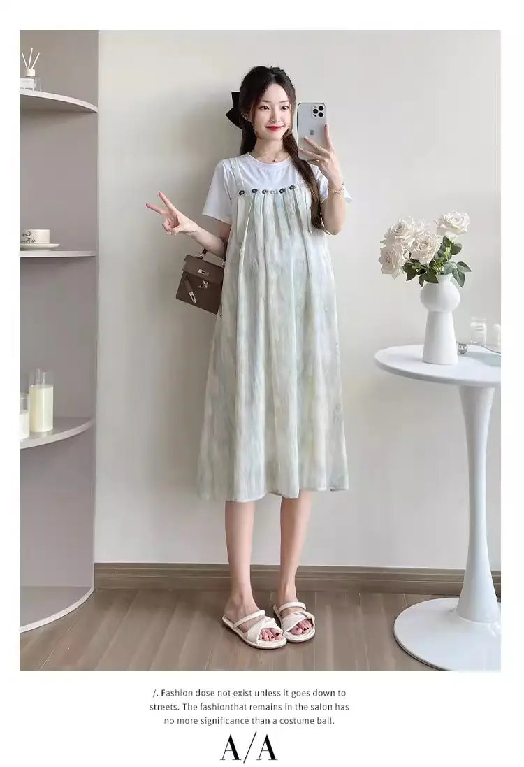 Maternity Wear 2025 New Summer Trendy Mom Pregnancy Wear Loose Fake Two-Piece Splicing Suspender Skirt Maternity Dress — feature 8