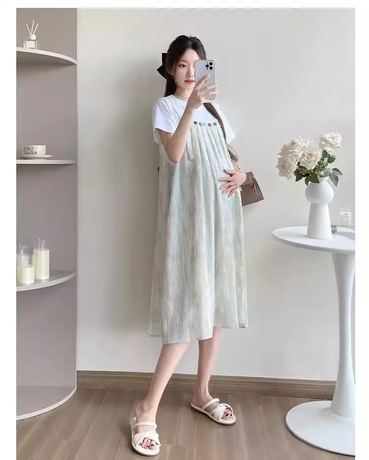 Maternity Wear 2025 New Summer Trendy Mom Pregnancy Wear Loose Fake Two-Piece Splicing Suspender Skirt Maternity Dress — feature 9