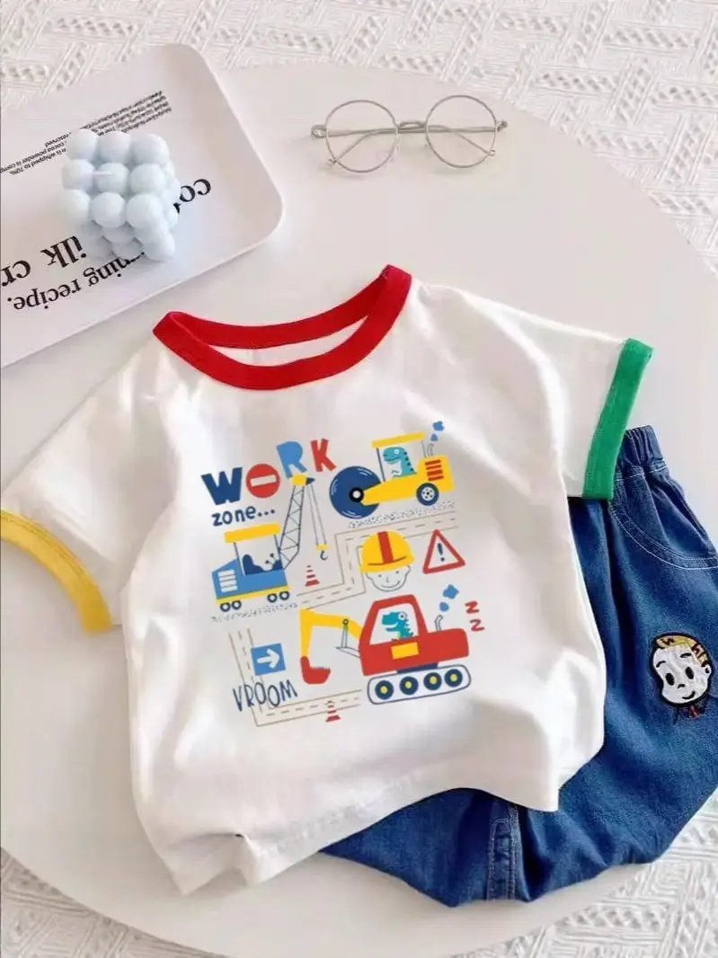 Boys Girls Cotton Excavator T-Shirt Summer Wear - Image 13
