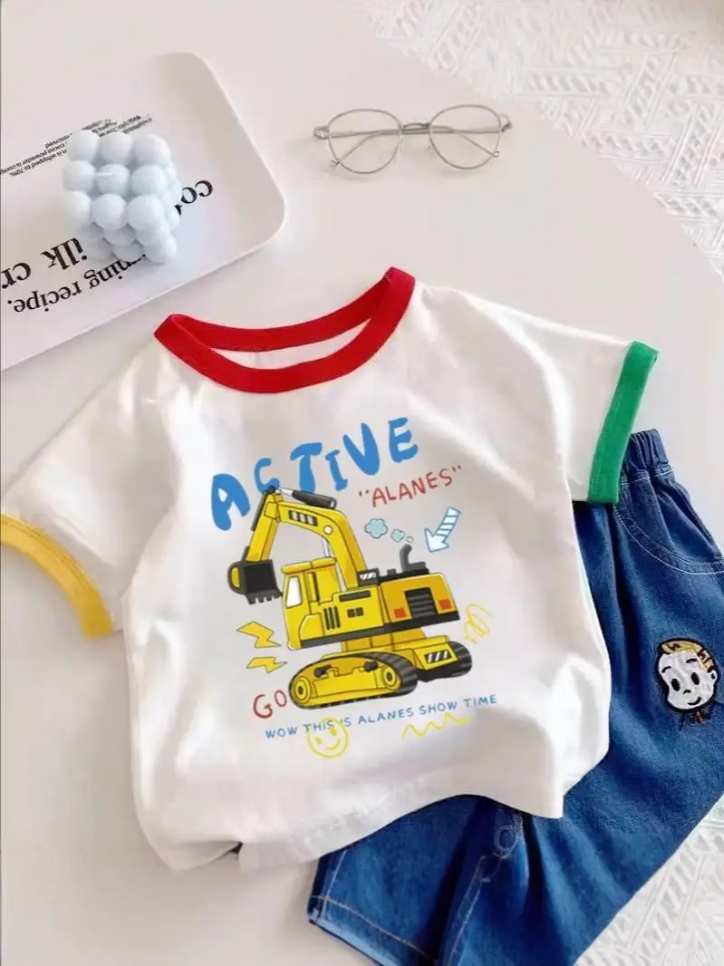 Boys Girls Cotton Excavator T-Shirt Summer Wear - Image 14
