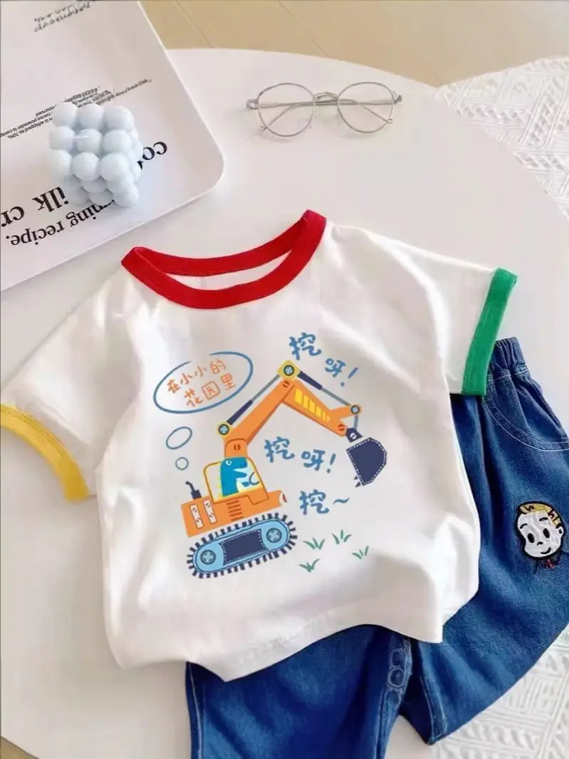 Boys Girls Cotton Excavator T-Shirt Summer Wear - Image 15