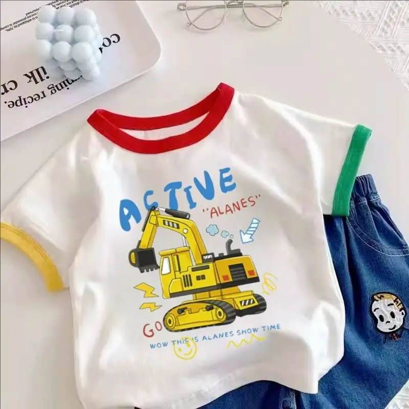 Boys Girls Cotton Excavator T-Shirt Summer Wear - Image 10