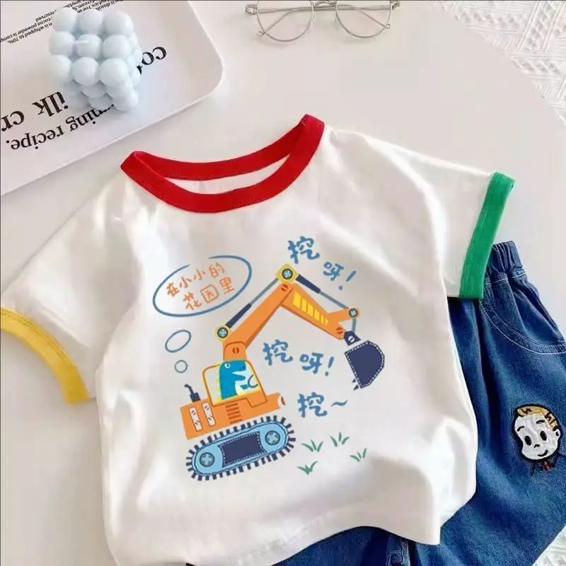 Boys Girls Cotton Excavator T-Shirt Summer Wear - Image 6