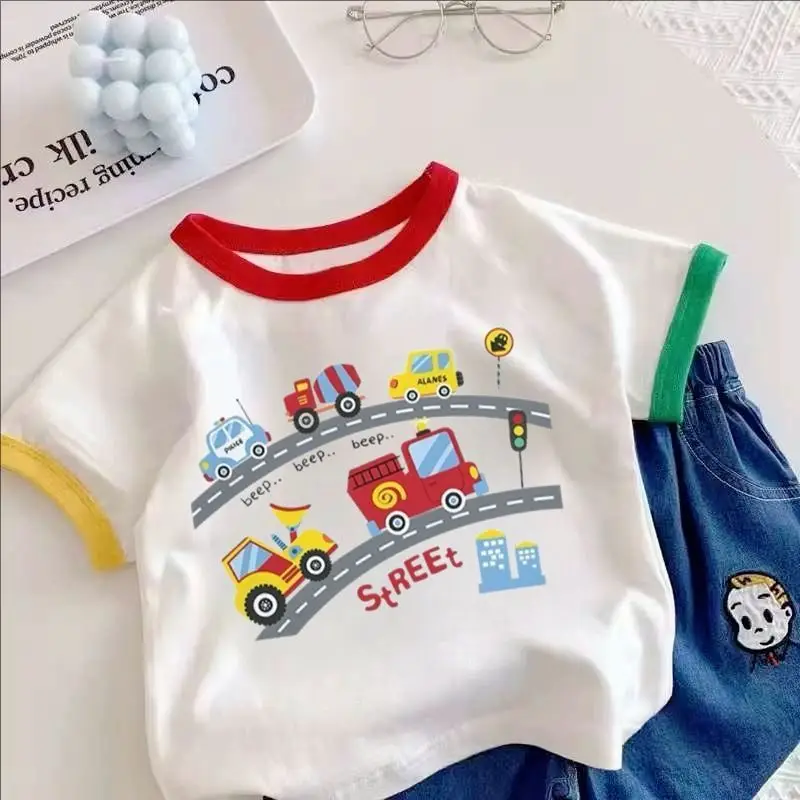Boys Girls Cotton Excavator T-Shirt Summer Wear - Image 8