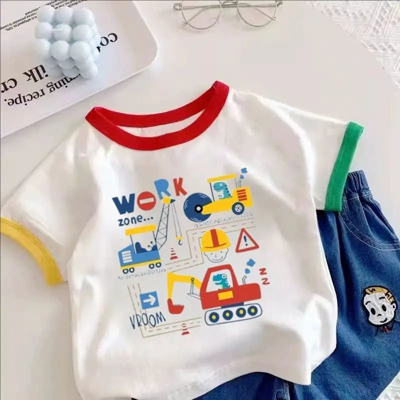 Boys Girls Cotton Excavator T-Shirt Summer Wear - Image 9