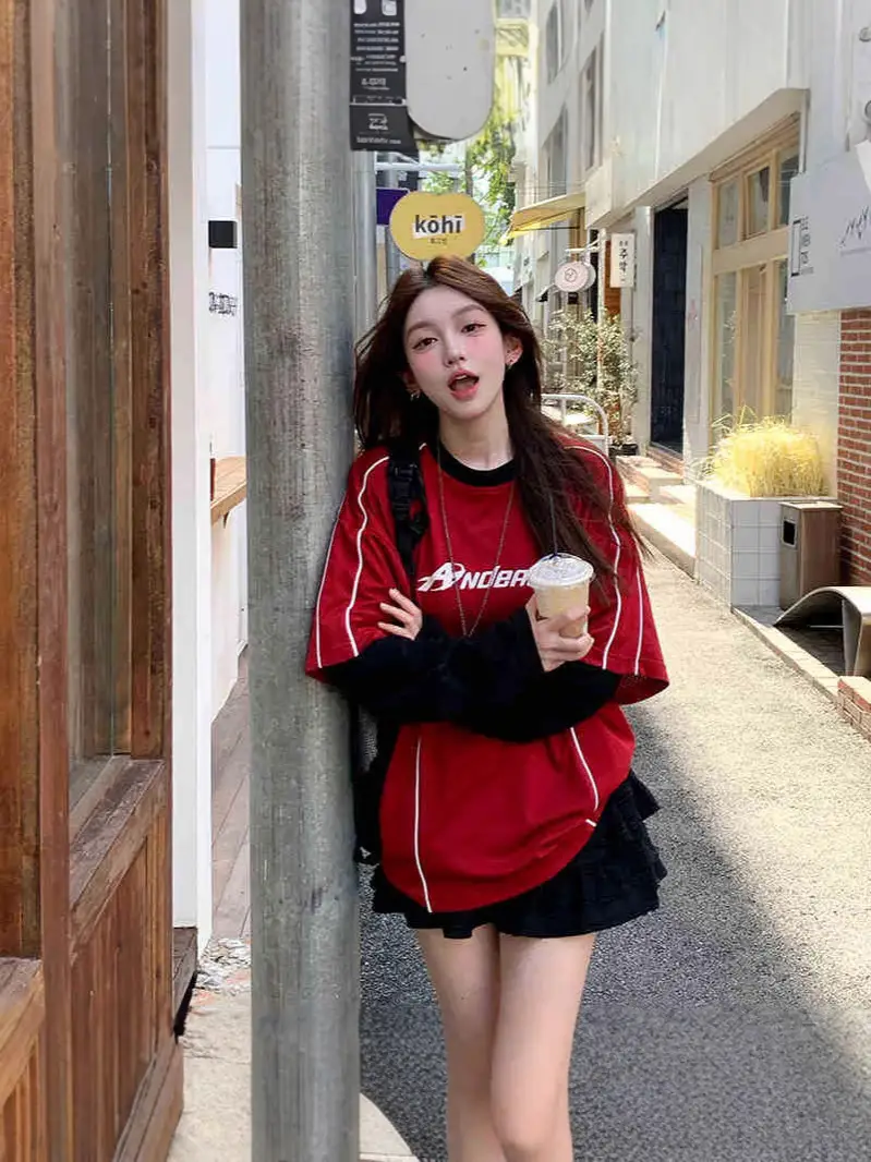 Andeardi Design Fake Two-Piece Contrasting Color Splicing Long-Sleeved T-Shirt Women's Summer Lightweight Breathable Jersey Style Top