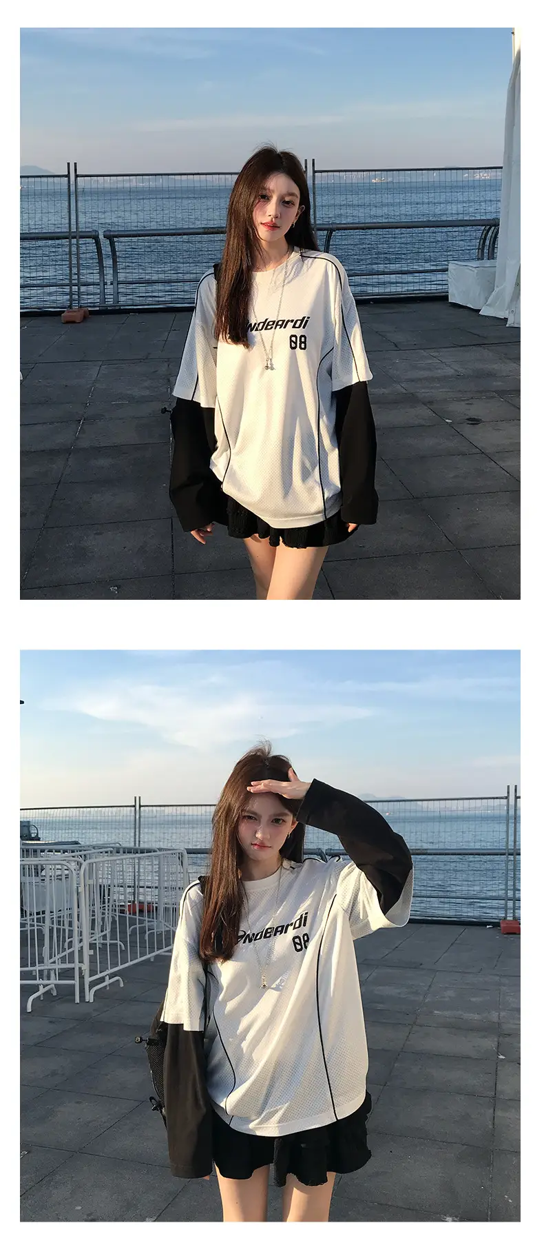 Andeardi Design Fake Two-Piece Contrasting Color Splicing Long-Sleeved T-Shirt Women's Summer Lightweight Breathable Jersey Style Top — feature 11