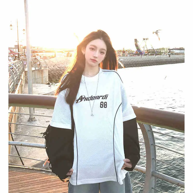 Andeardi Design Fake Two-Piece Contrasting Color Splicing Long-Sleeved T-Shirt Women's Summer Lightweight Breathable Jersey Style Top