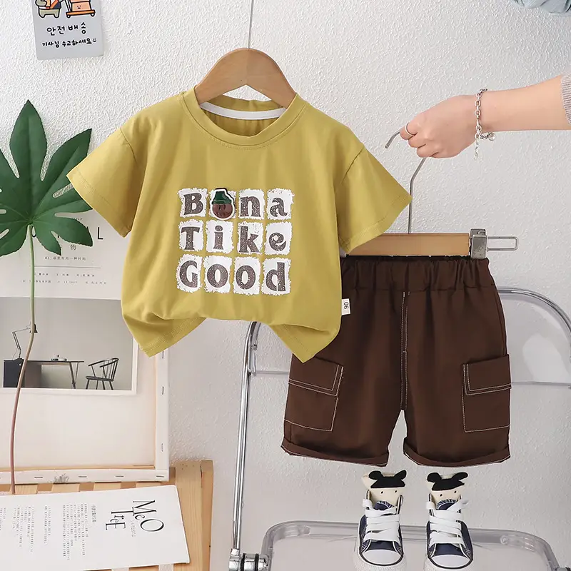 Kids Cotton T-Shirt Brown Shorts Set Summer New Korean Style - Image 2