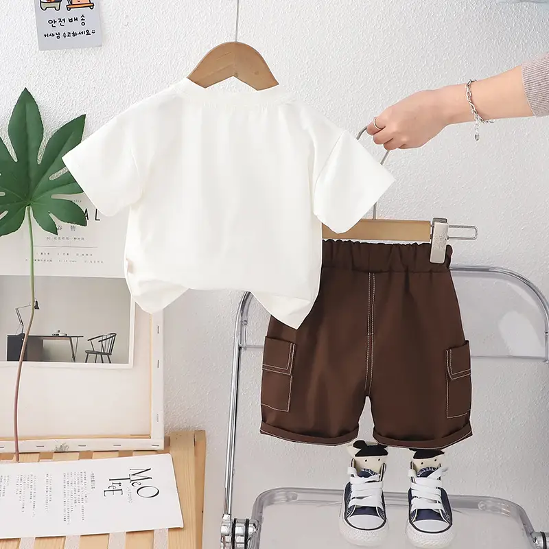 Kids Cotton T-Shirt Brown Shorts Set Summer New Korean Style - Image 4