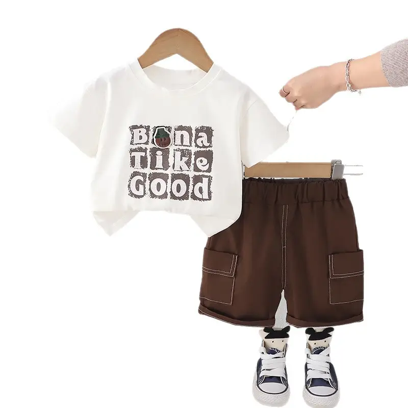 Kids Cotton T-Shirt Brown Shorts Set Summer New Korean Style - Image 5
