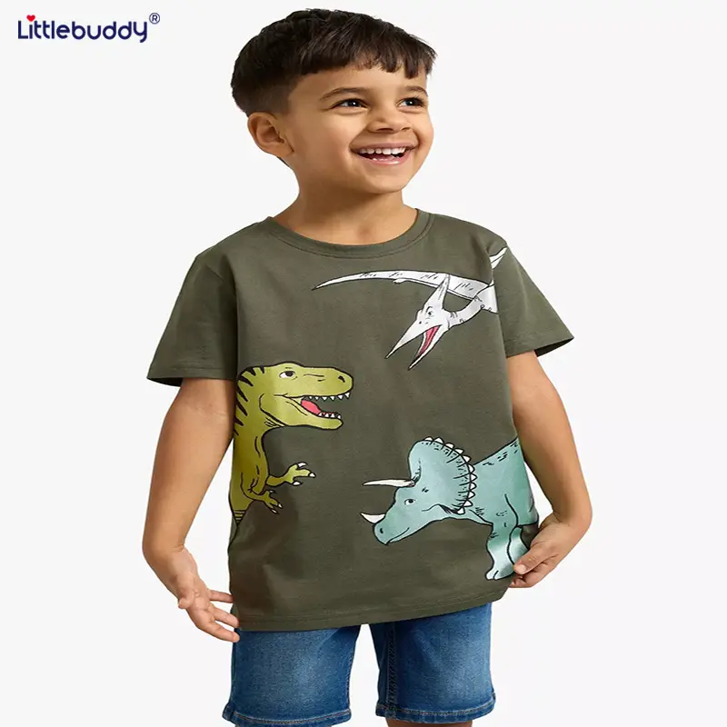 2025 Boys T-Shirt Olive Green Dino Print - Image 2